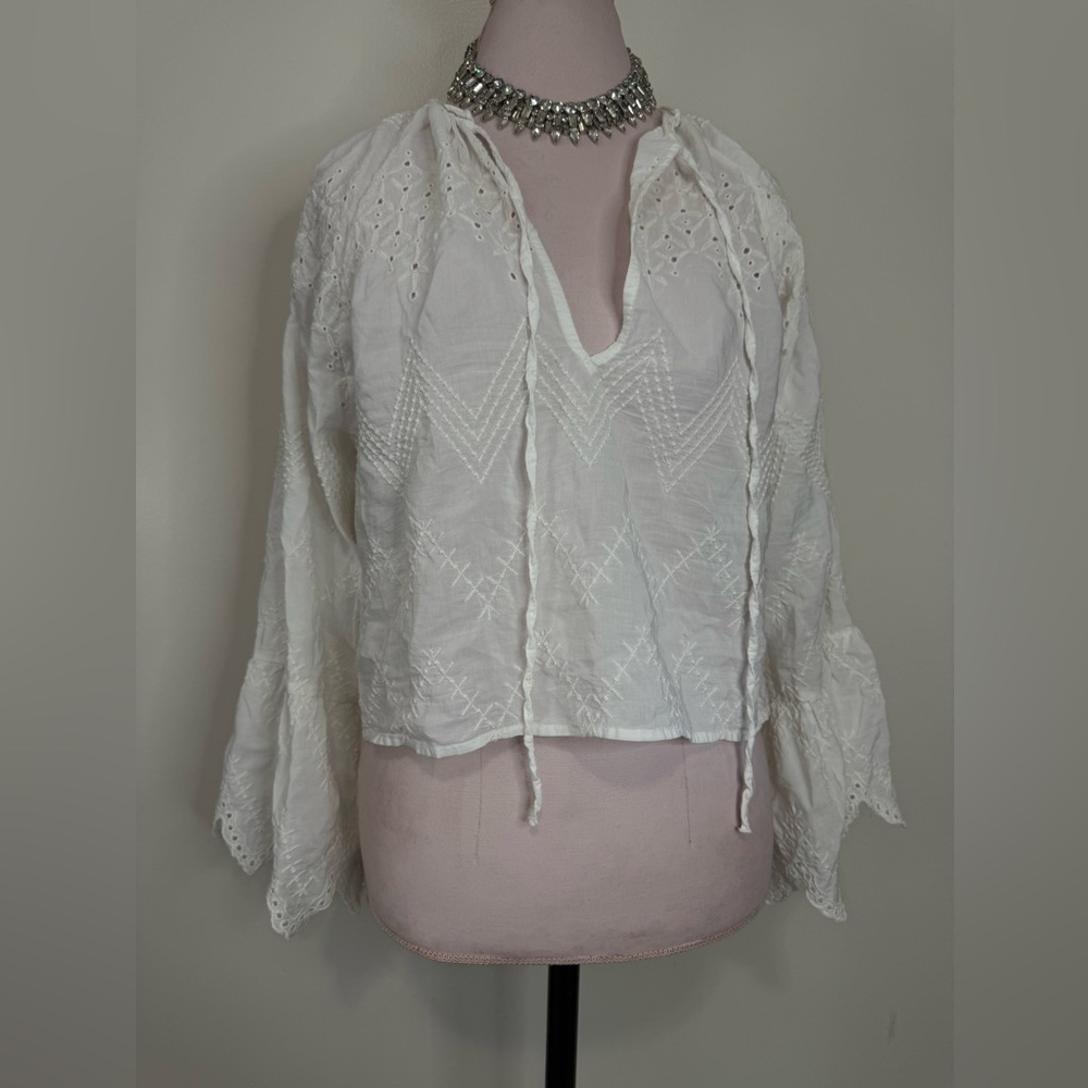 Zara white oversized cropped Long sleeve Top with eyelet details size medium